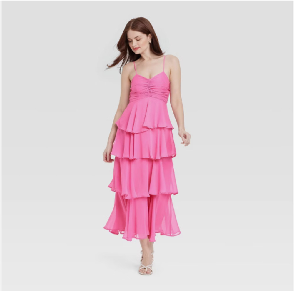 Tiered Ruffle Maxi A-Line Dress Sz Small NWT Hot Pink A New Day